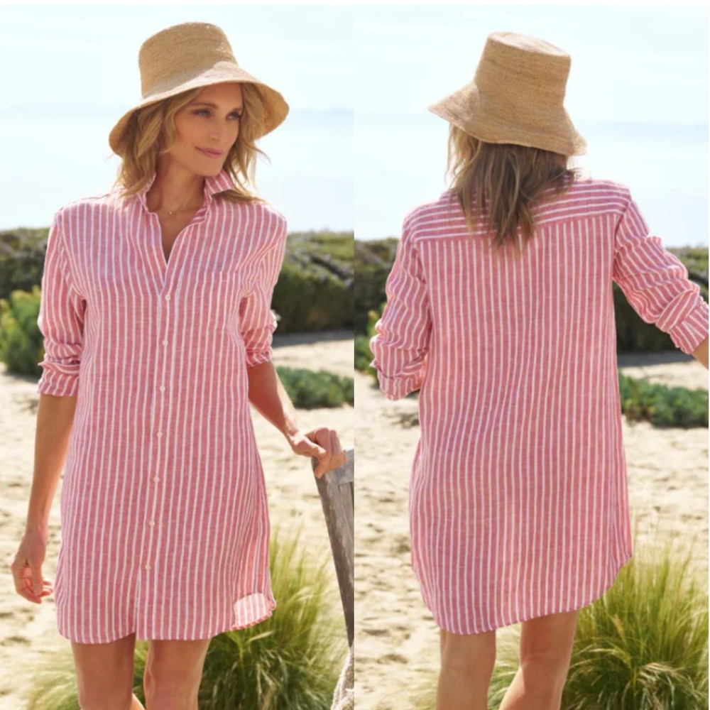 Frank & Eileen Mary Linen Shirtdress Red White Stripe Classic Shirt‎ Dress Sz XL